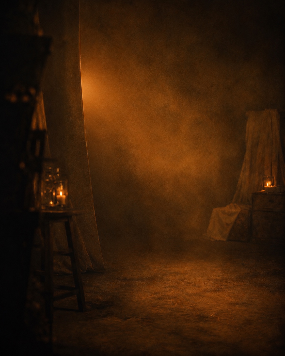 Dim amber room with a curtain and no person visible