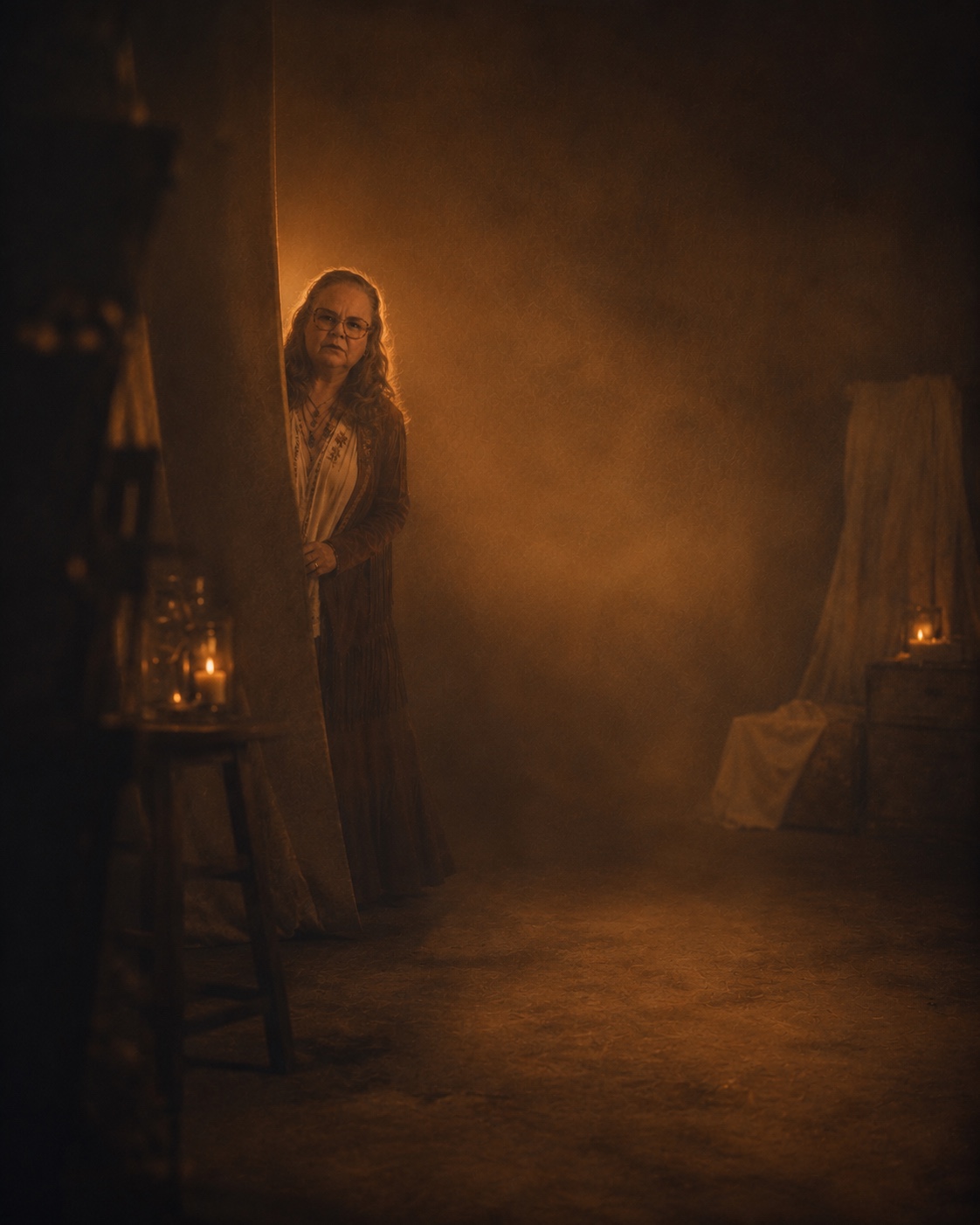 Dim amber room with a partially visible figure behind a curtain