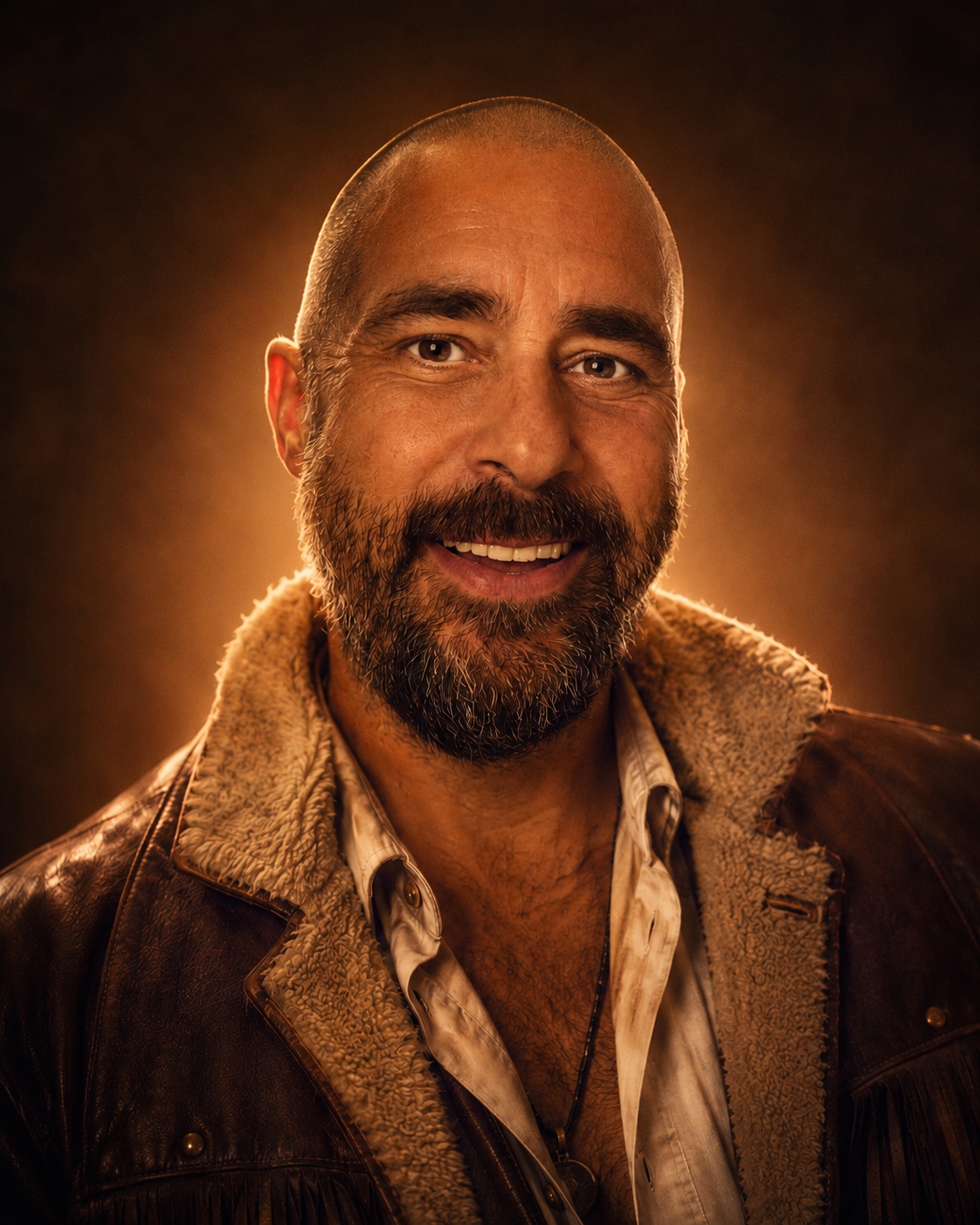 Michael smiling in a warm, amber 1970s-style portrait